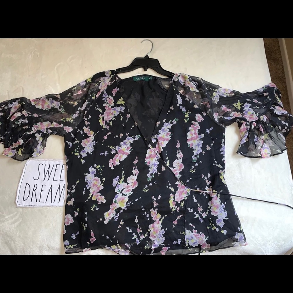 black flowered wrap blouse